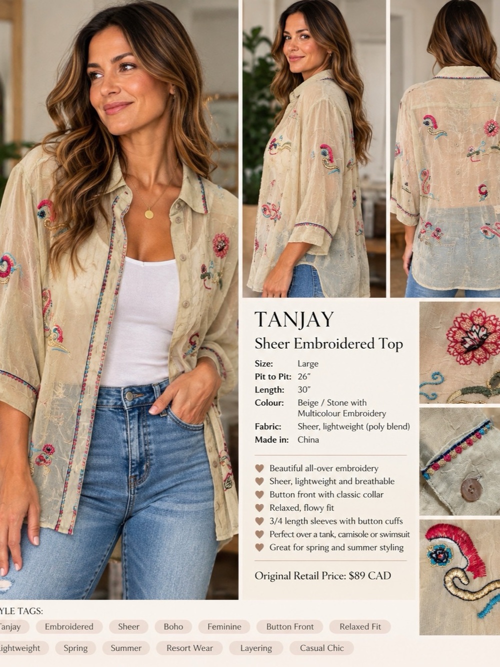 Title: Tanjay Sheer Embroidered Button-Front Blouse – Large